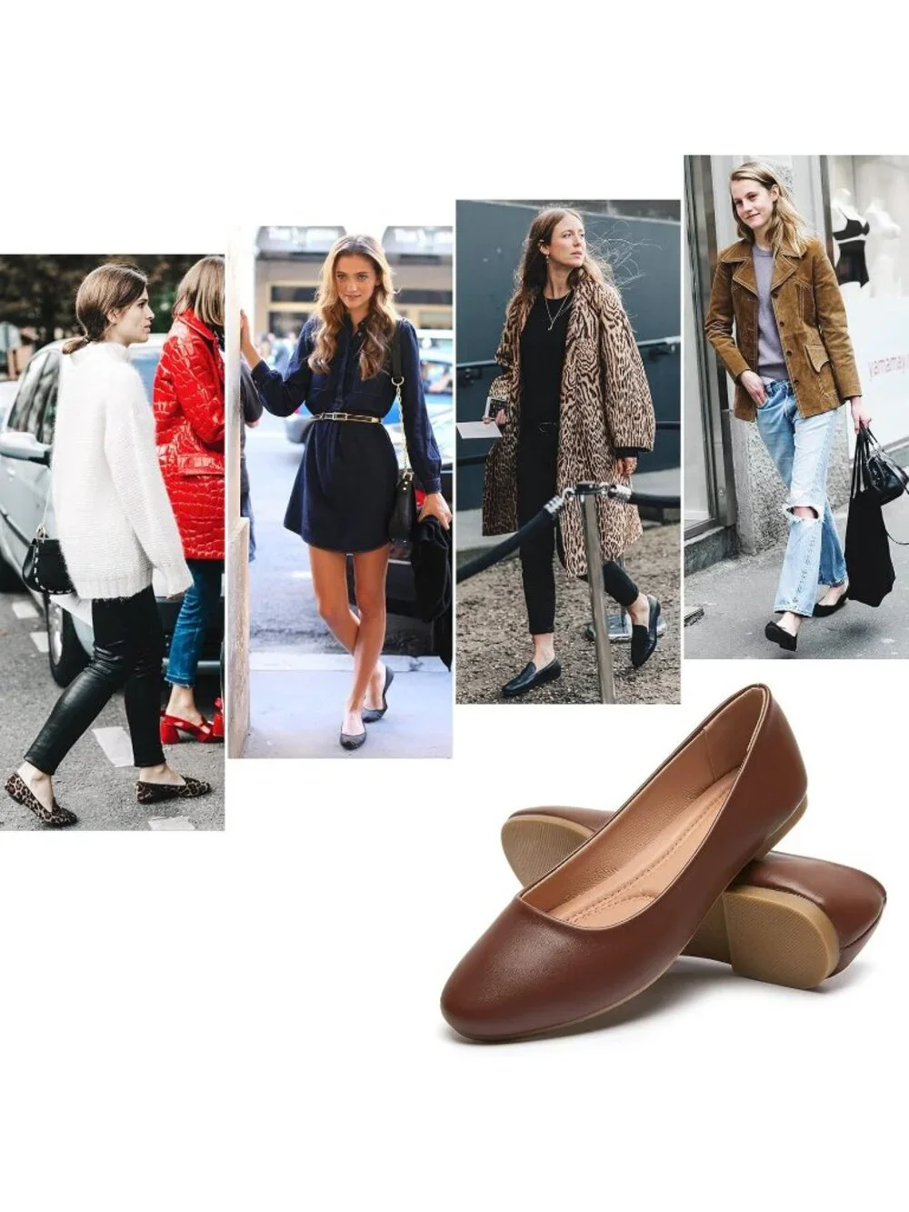 Women's Brown PU Leather Closed Toe Comfortable Flexible Slip On Ballet Flats